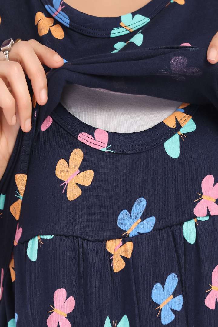 Multi Color Butterfly Print Zipless Feeding Nightie