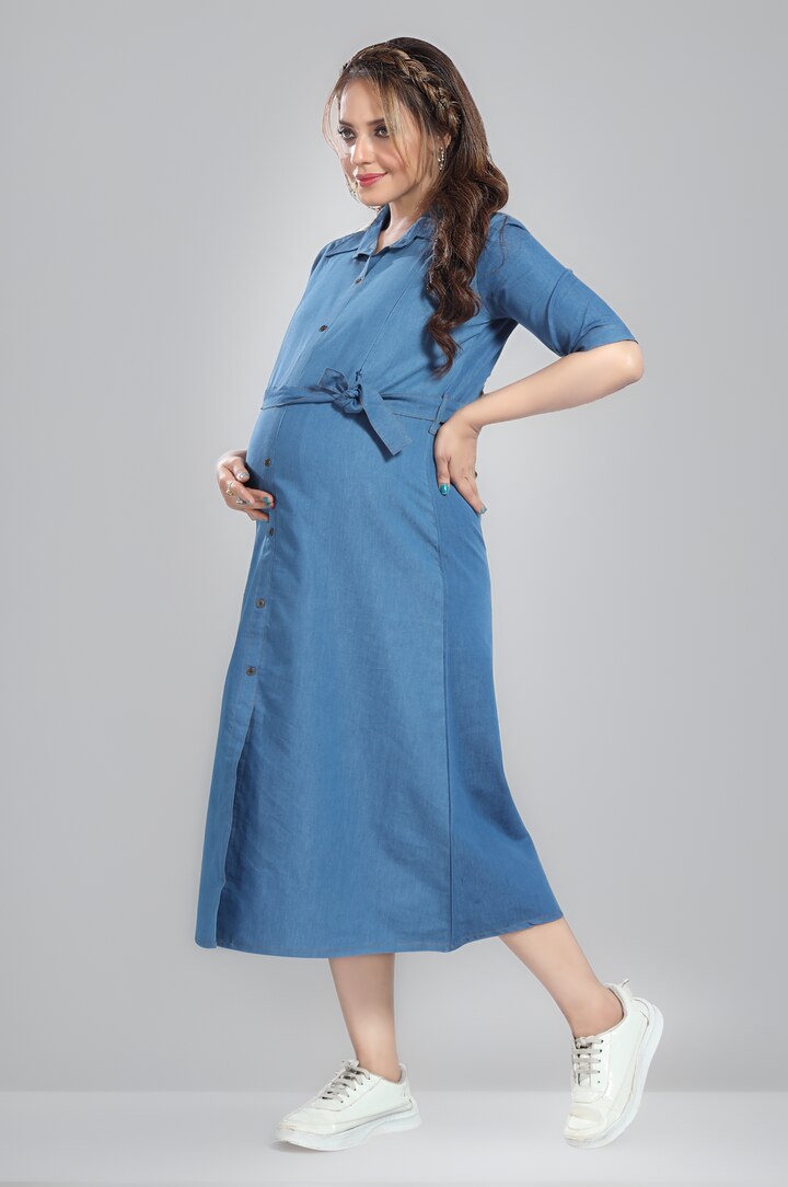Light Blue Long Sleeves Nursing Dress