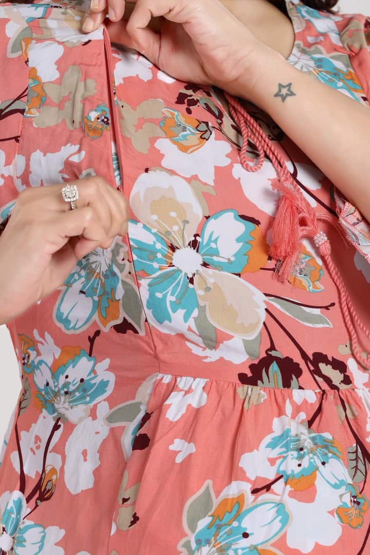 MomsBae Coral Floral Feeding Coord Set, nursing zip detail