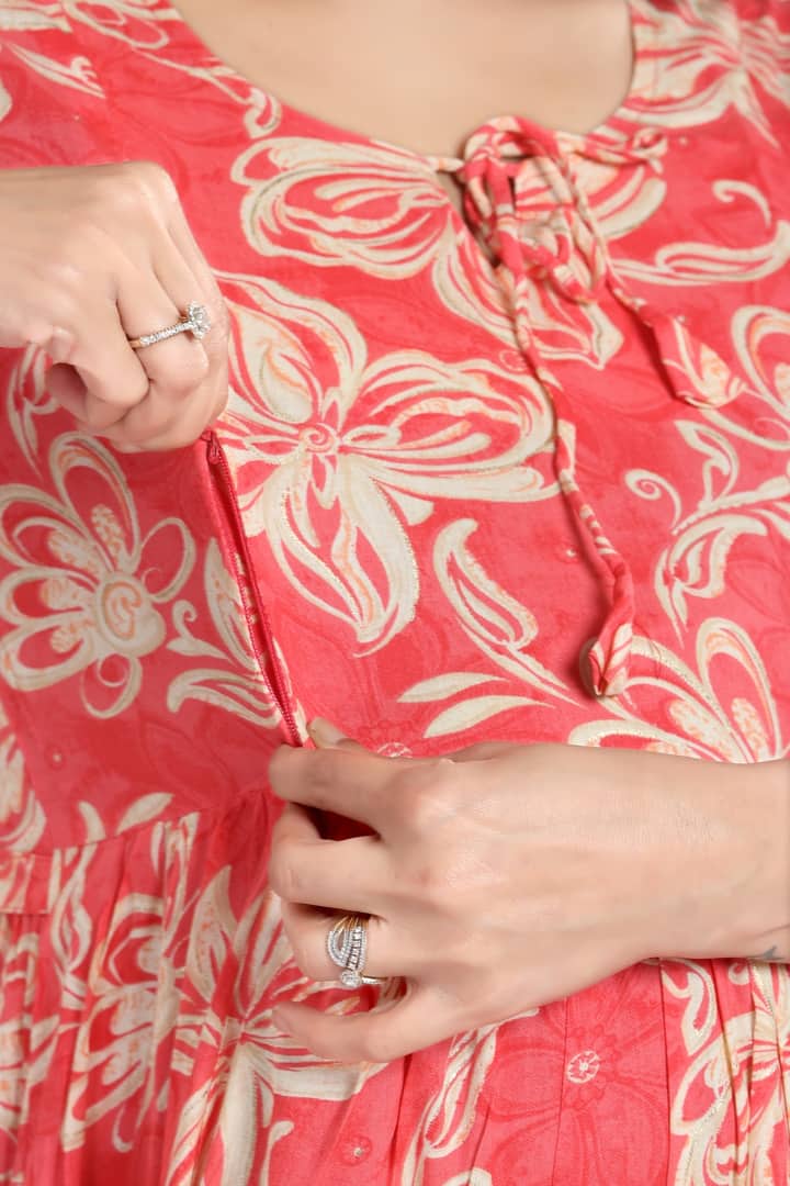 MomsBae Carrot Orange Printed Feeding Dress, nursing opening detail