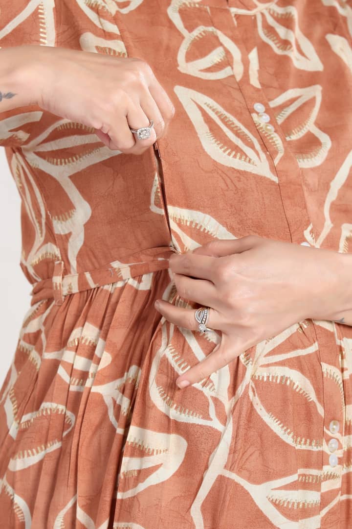 MomsBae Orange Cream Printed Maternity Dress, nursing opening detail