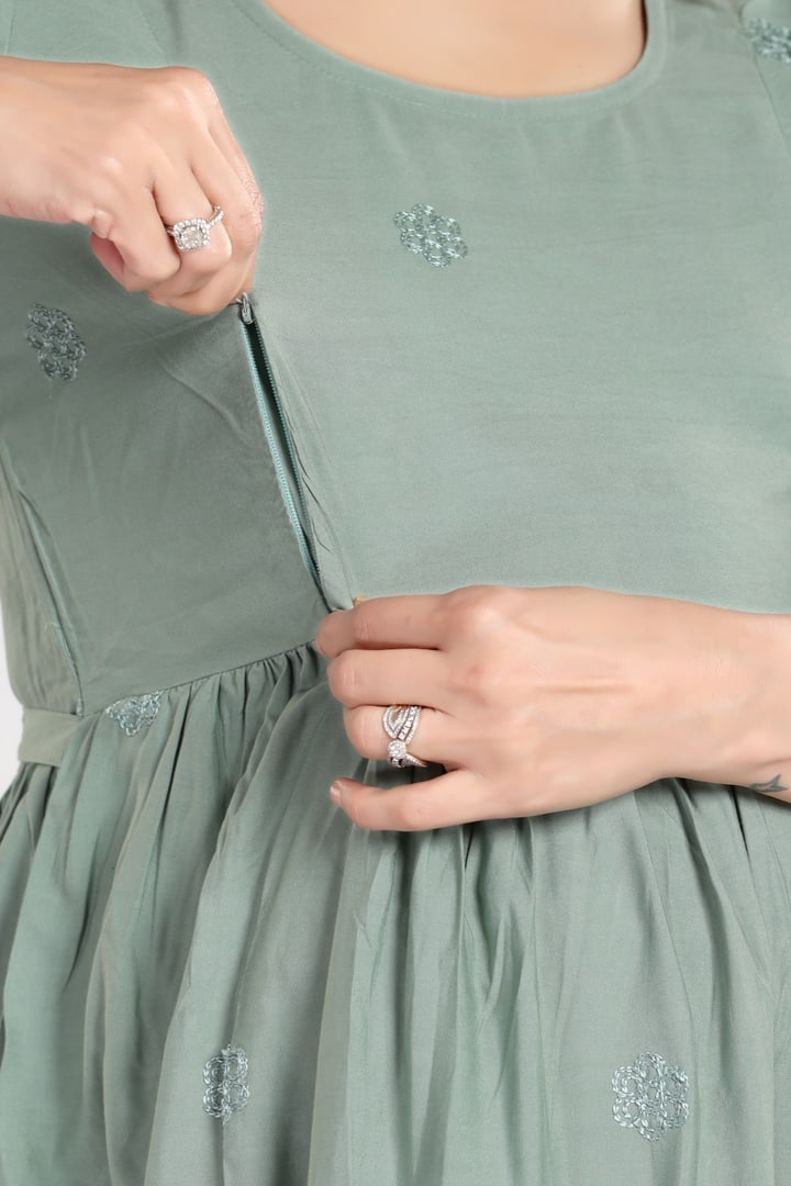 MomsBae Sage Embroidered Maternity Feeding Dress, nursing opening detail