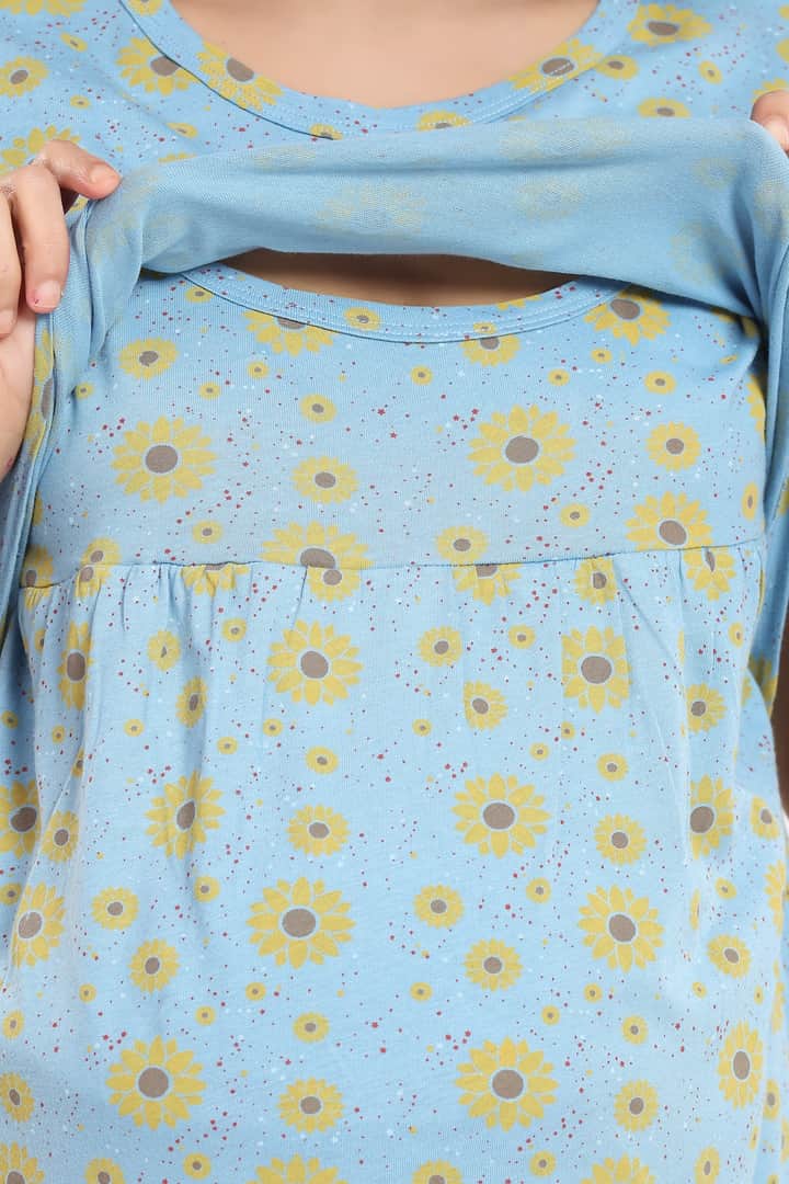 MomsBae Mellow Sunflower Printed Zipless Nightie, zipless nursing panel detail