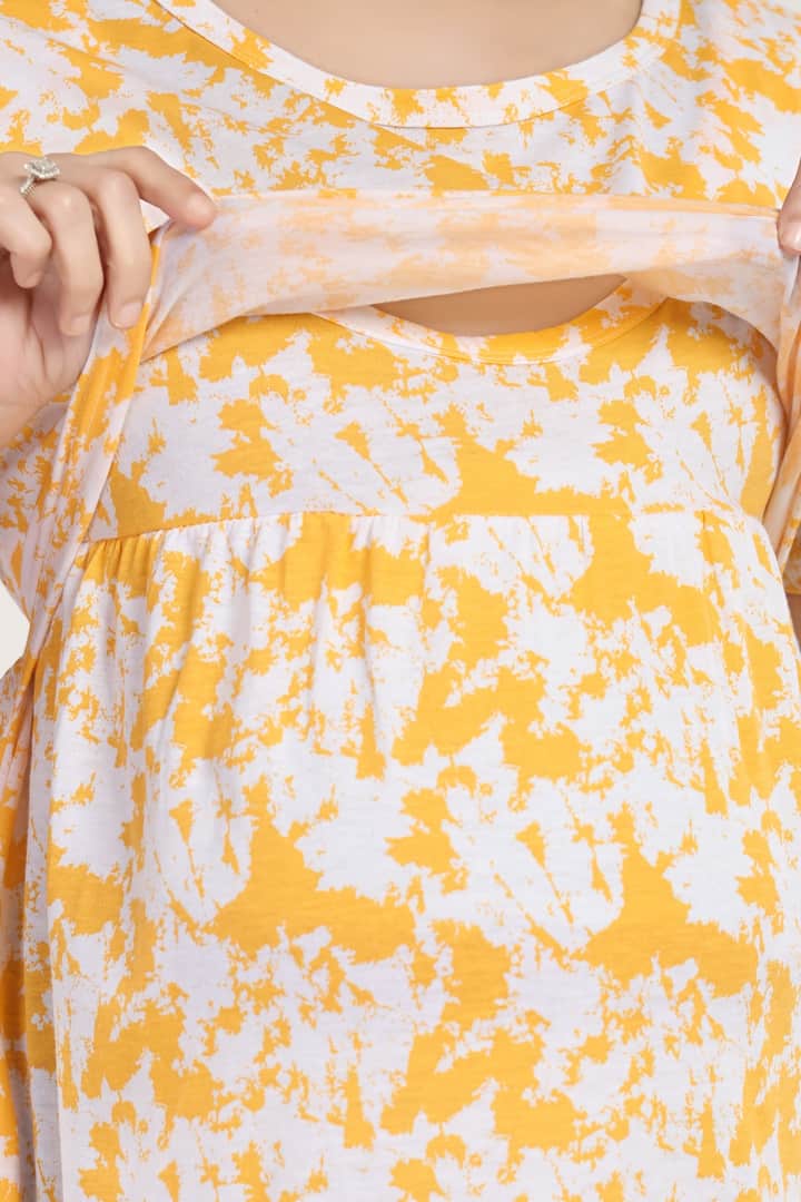 MomsBae Yellow Splatter Zipless Feeding Nightie, zipless nursing panel detail