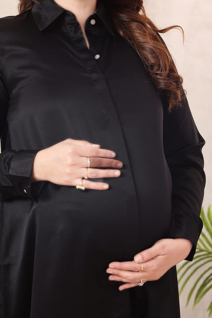 Black Maternity Satin Shirt dress