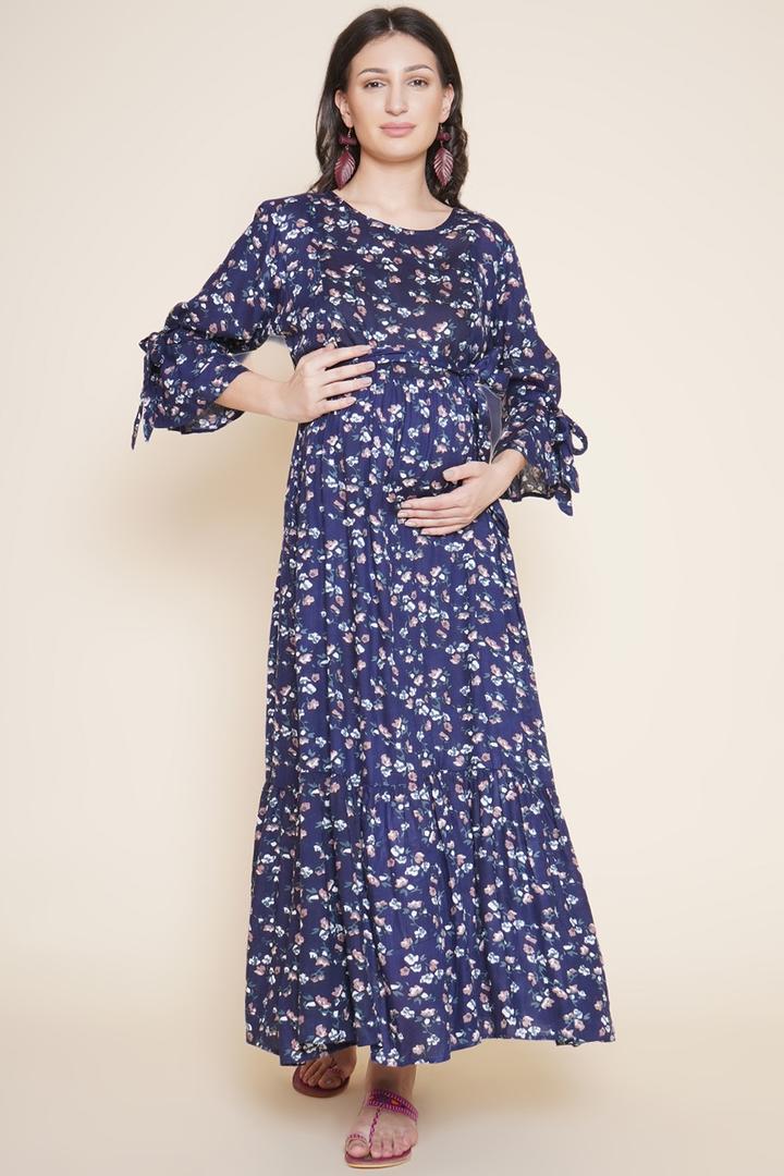 Navy Floral Blue Nursing Gown