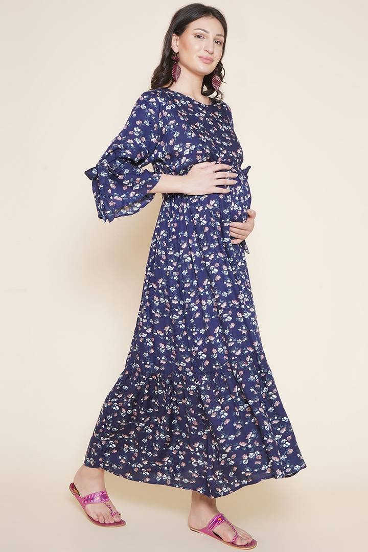 Navy Floral Blue Nursing Gown