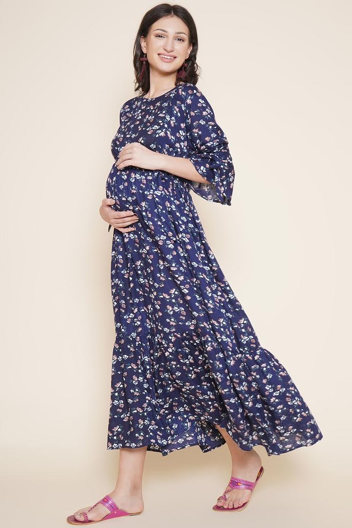 Navy Floral Blue Nursing Gown