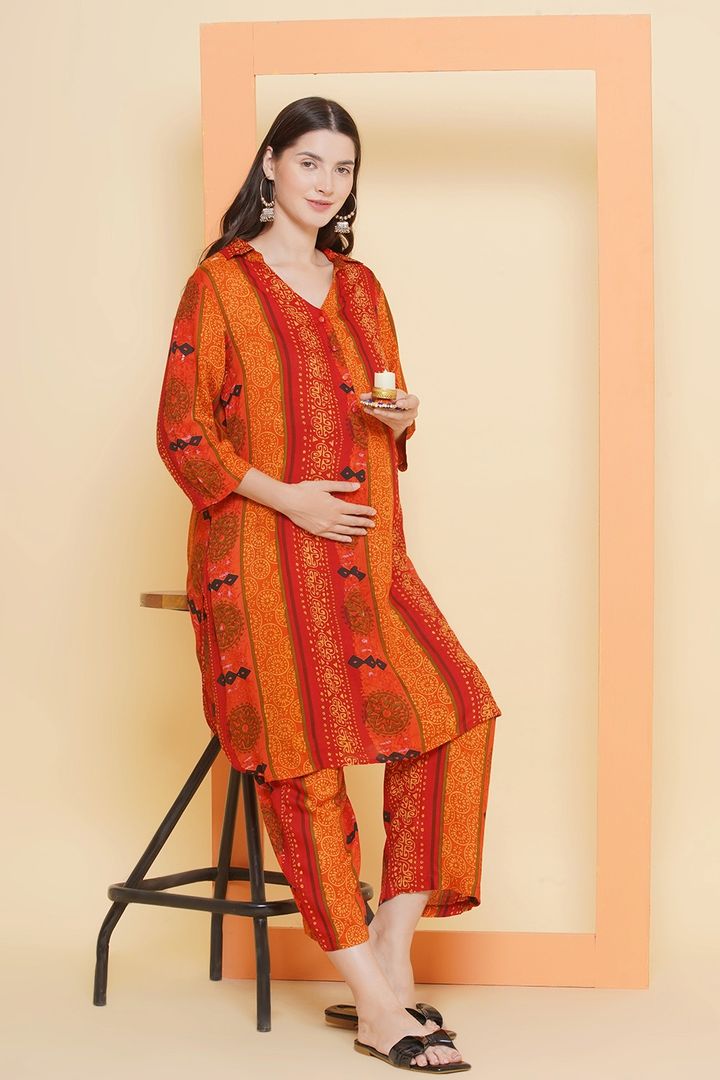 Bright Orange Maternity Kurta Set