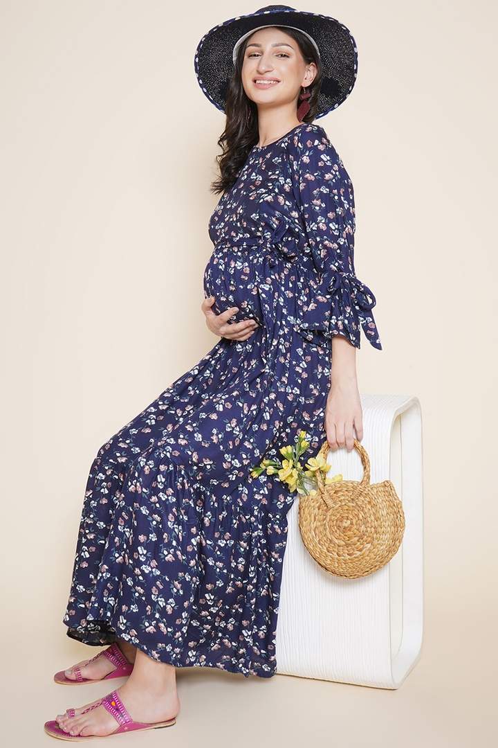 Navy Floral Blue Nursing Gown