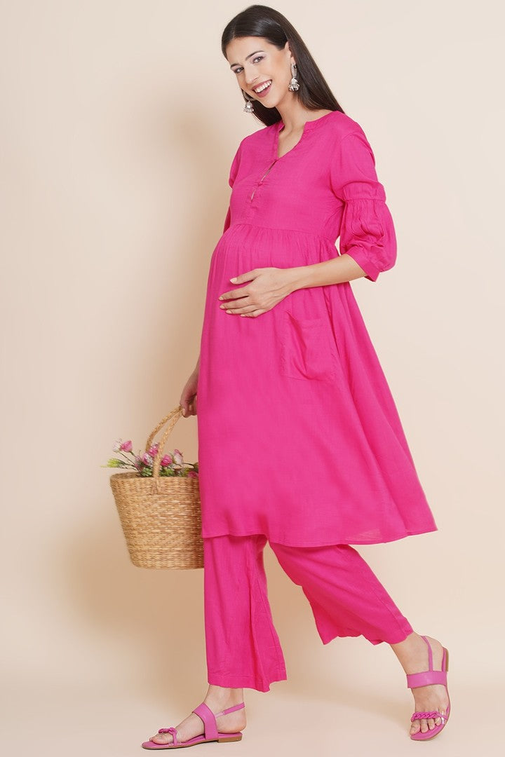 Hot Pink Nursing Flared Kurta Set