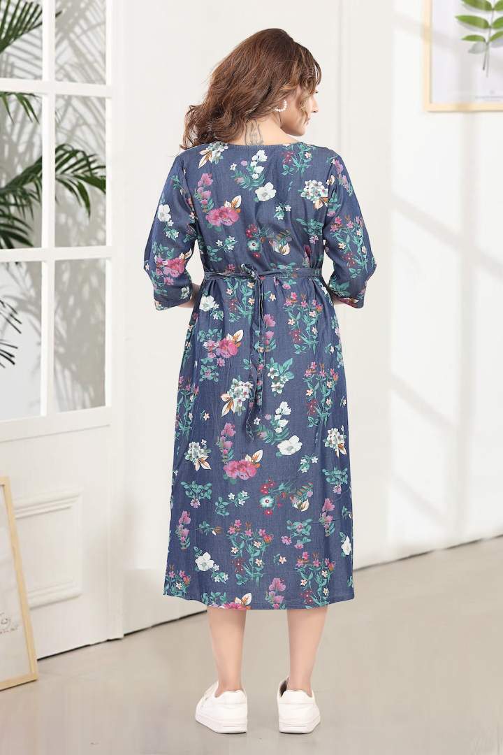 Printed Denim Maternity Feeding Dress