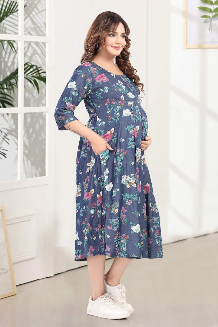 Printed Denim Maternity Feeding Dress