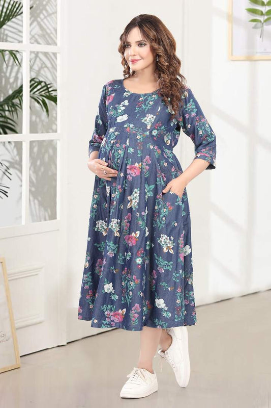 Printed Denim Maternity Feeding Dress