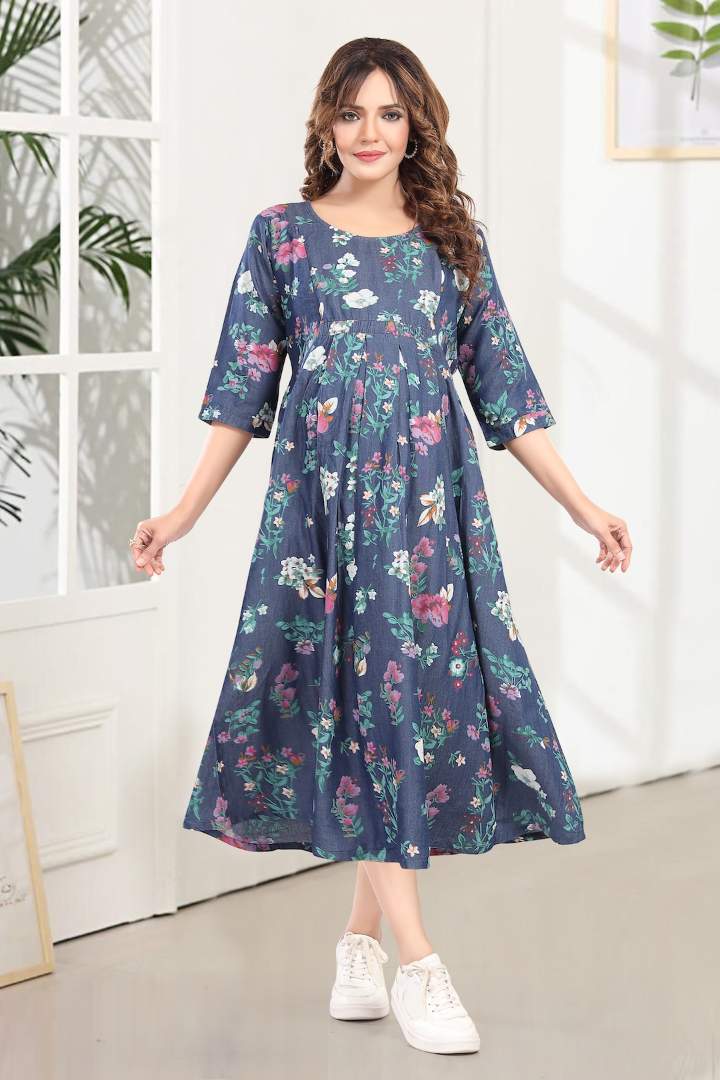 Printed Denim Maternity Feeding Dress