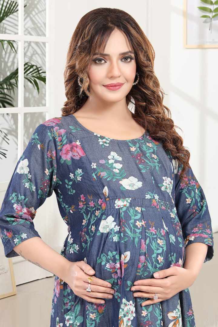 Printed Denim Maternity Feeding Dress