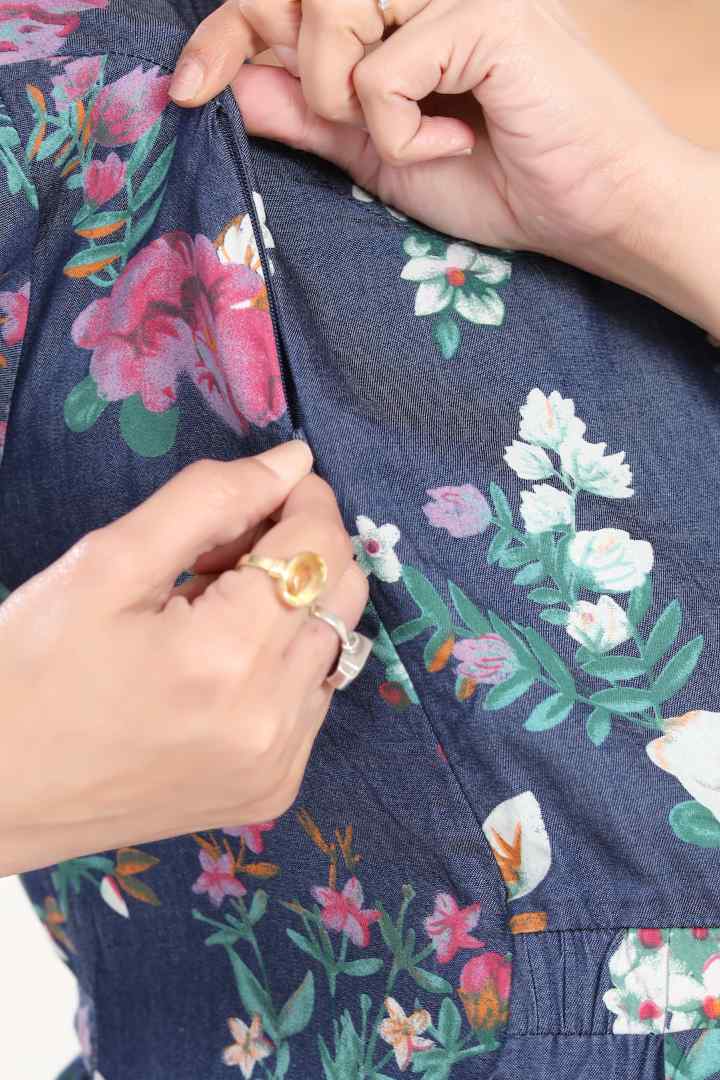 Printed Denim Maternity Feeding Dress
