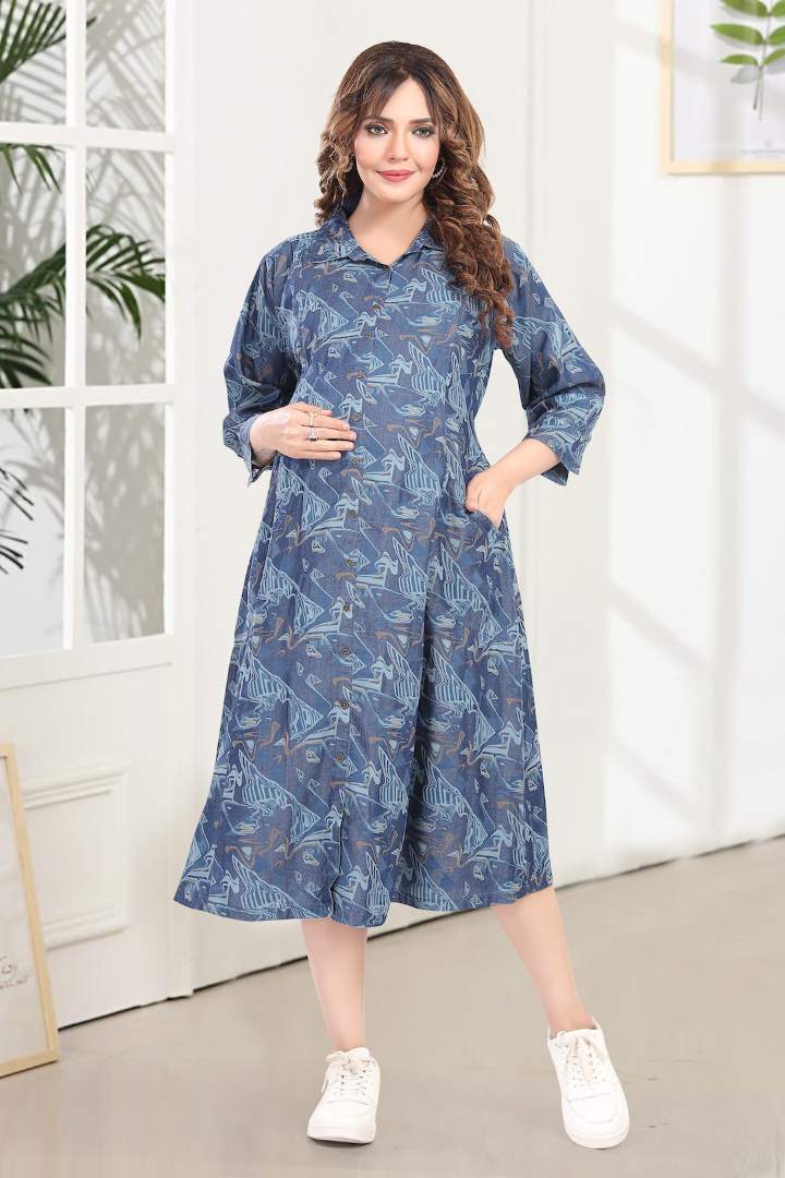 Psychedelic Printed Denim Maternity Dress