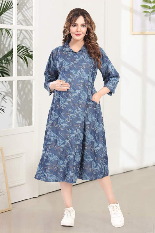 Psychedelic Printed Denim Maternity Dress