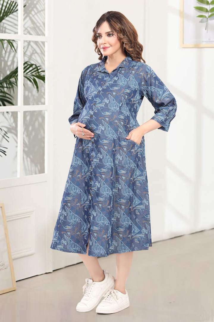 Psychedelic Printed Denim Maternity Dress
