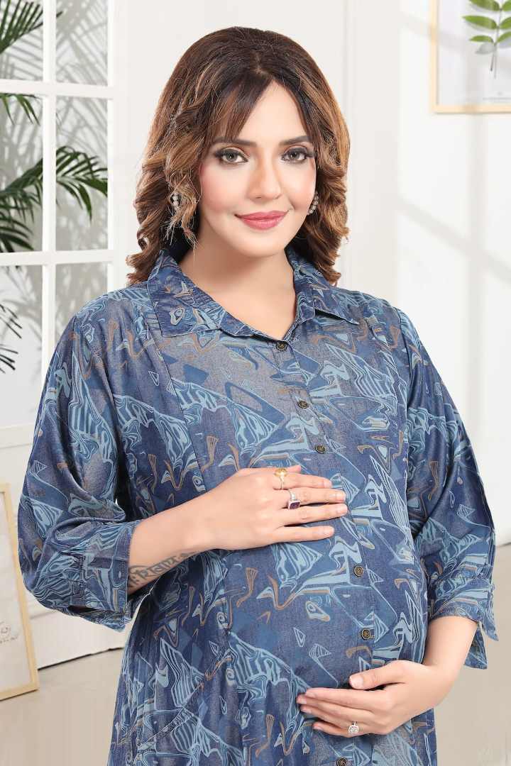 Psychedelic Printed Denim Maternity Dress
