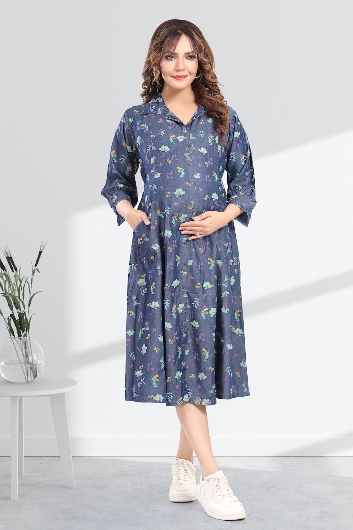 Floral Printed Denim Maternity Dress
