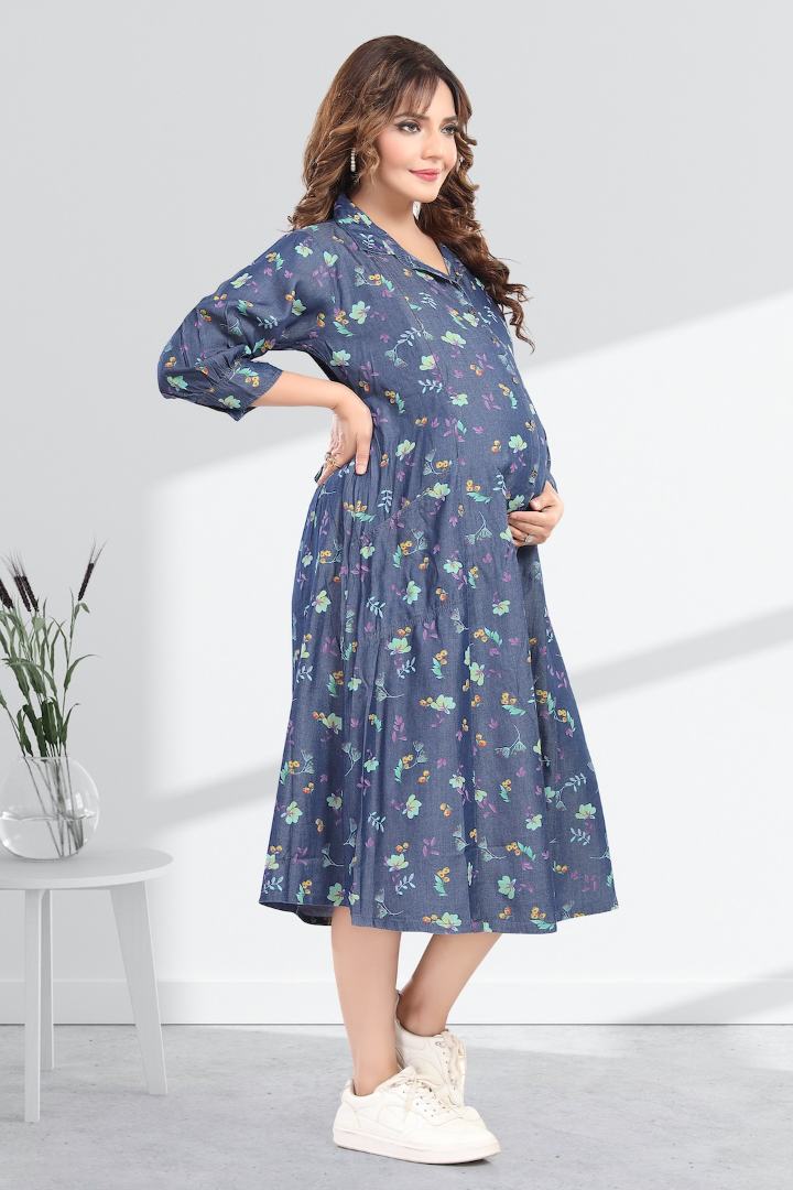 Floral Printed Denim Maternity Dress