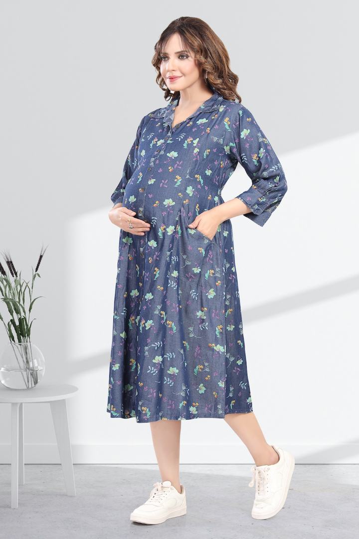 Floral Printed Denim Maternity Dress