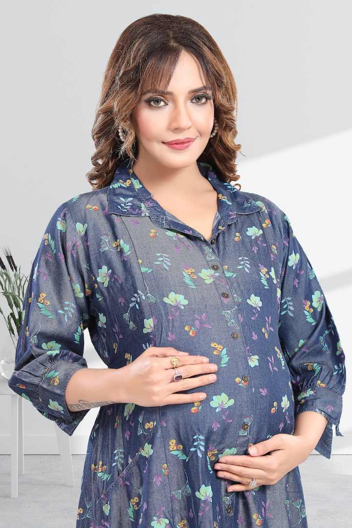 Floral Printed Denim Maternity Dress