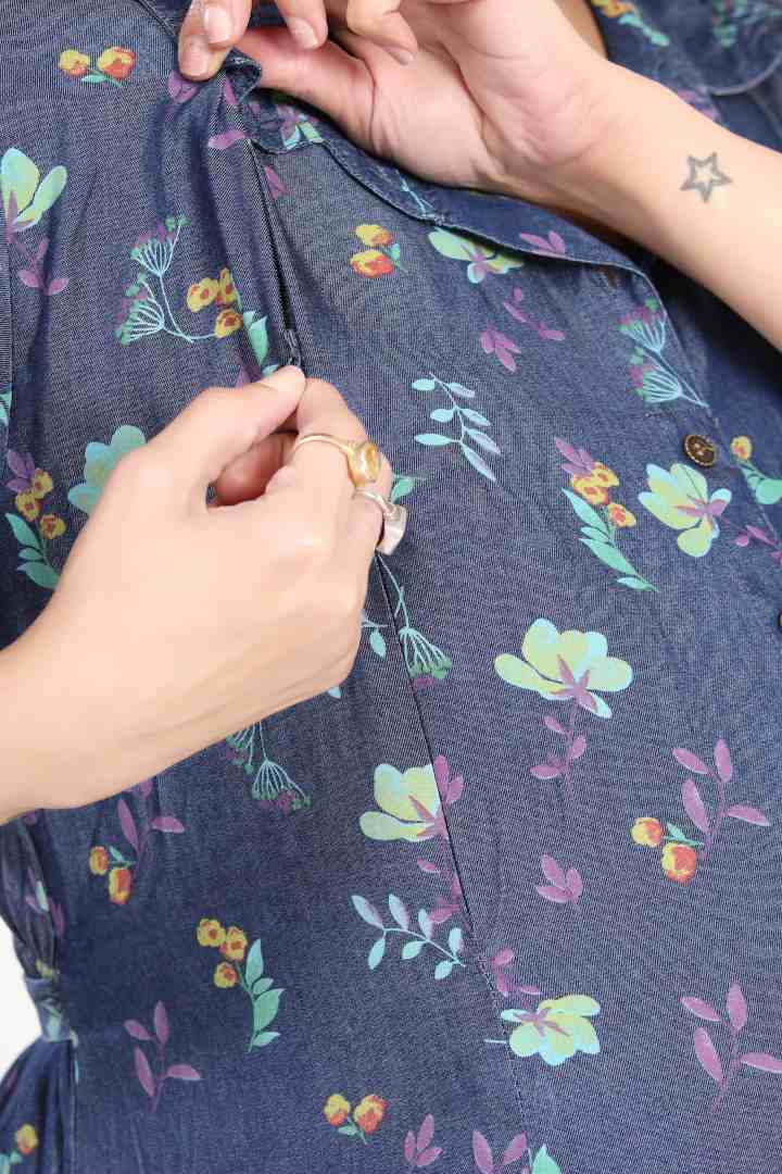Floral Printed Denim Maternity Dress