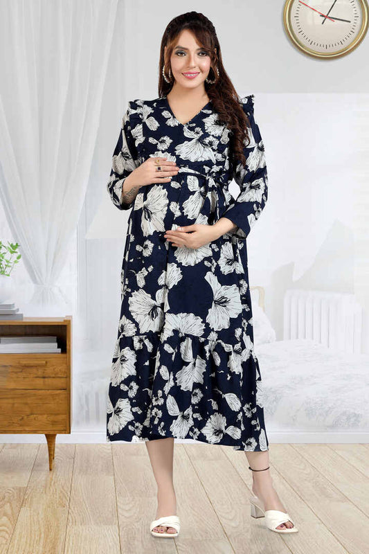 Navy Floral Ruffled Nursing Dress