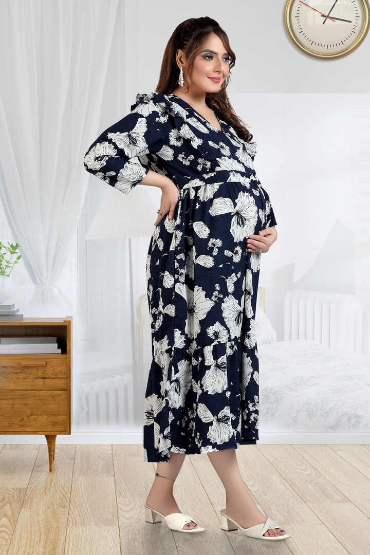 Navy Floral Ruffled Nursing Dress