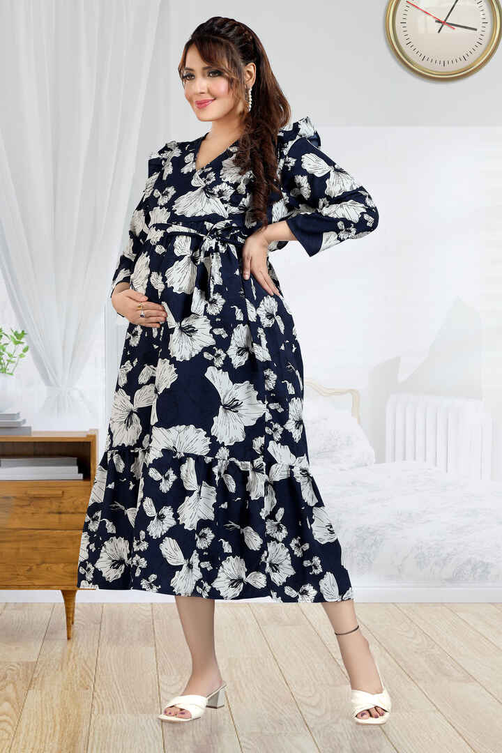 Navy Floral Ruffled Nursing Dress