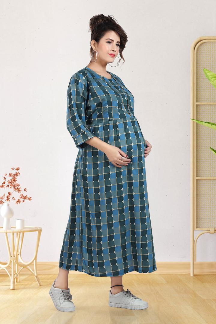 Chequered Long Fusion Maternity Dress
