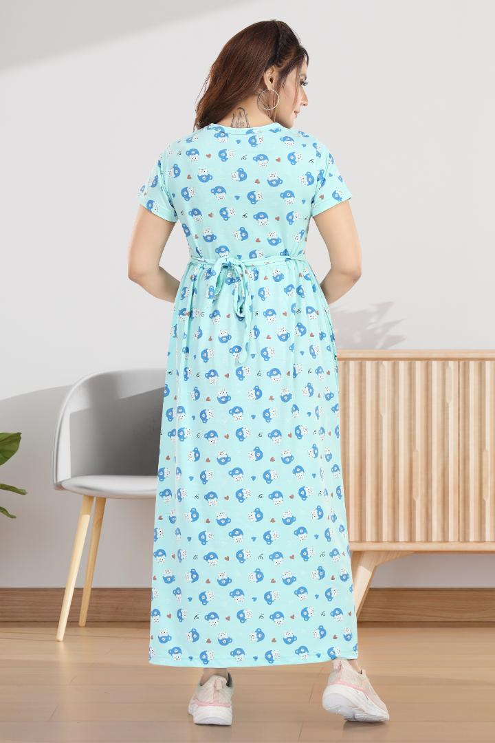 Soft Blue Printed Maternity Zipless Nightie
