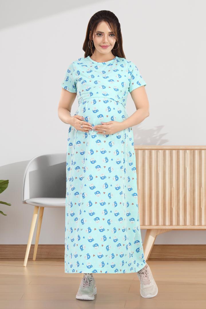 Soft Blue Printed Maternity Zipless Nightie