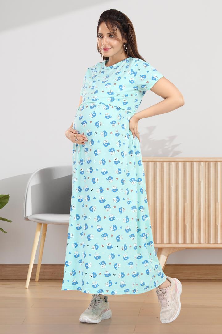 Soft Blue Printed Maternity Zipless Nightie