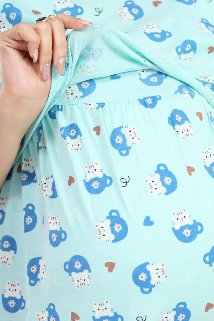 Soft Blue Printed Maternity Zipless Nightie