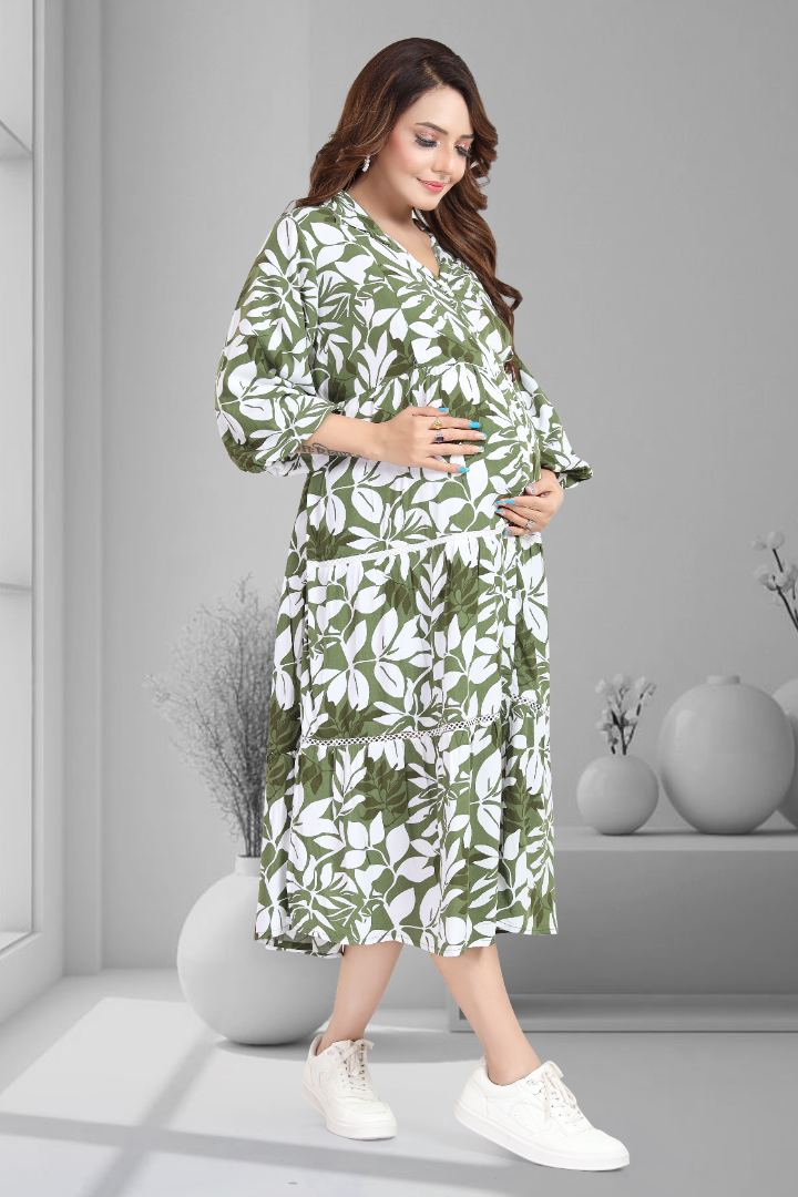 Olive Green Printed Maternity Dress