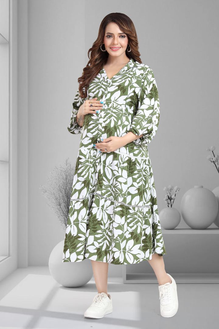 Olive Green Printed Maternity Dress