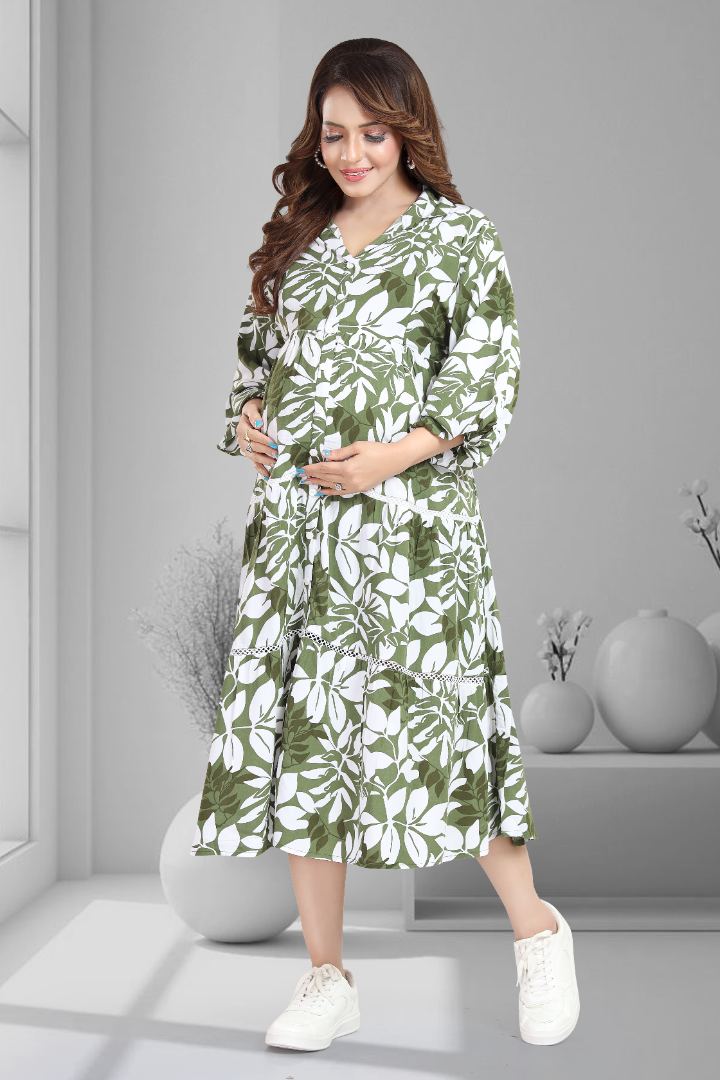 Olive Green Printed Maternity Dress