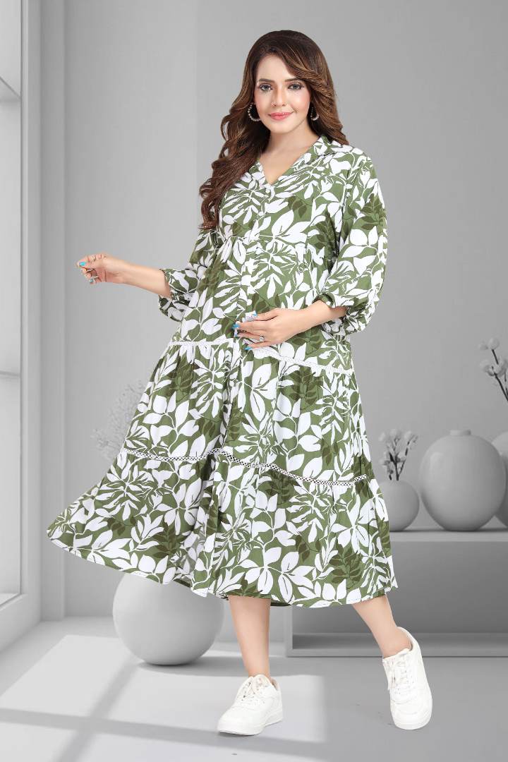 Olive Green Printed Maternity Dress