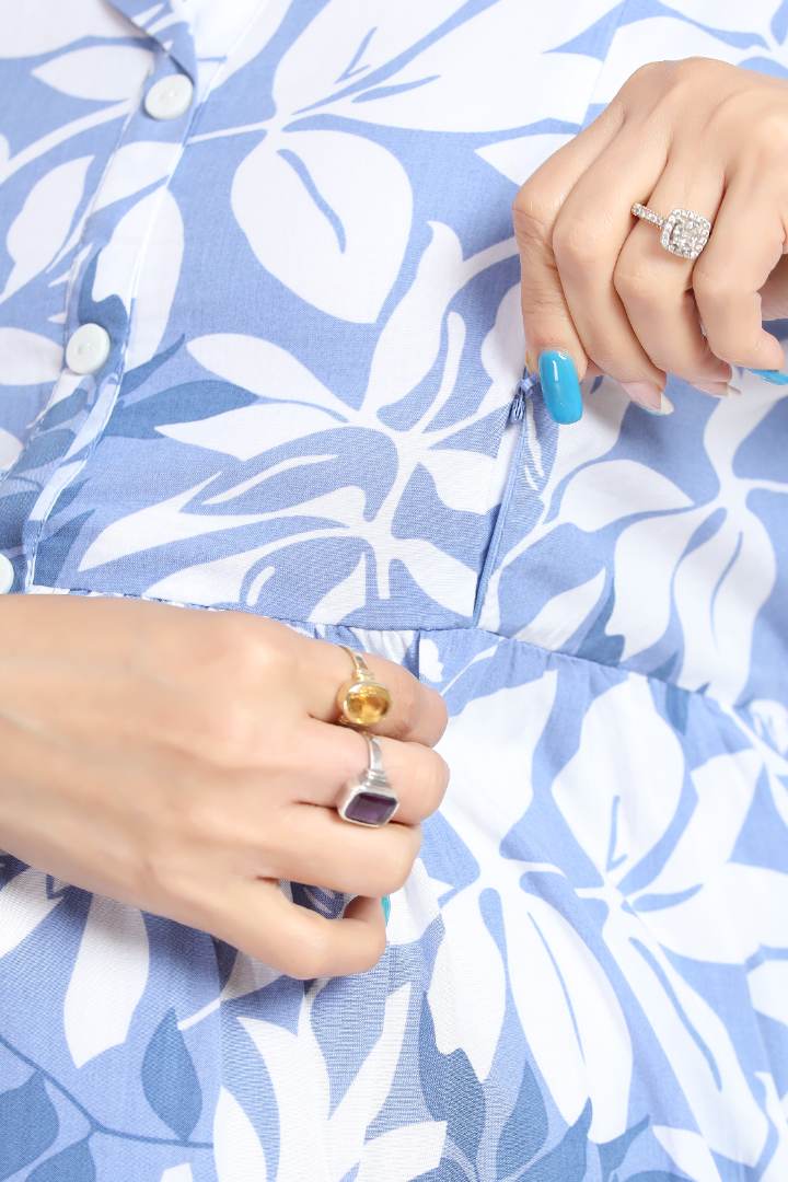 Deep Sky Blue Printed Maternity Dress