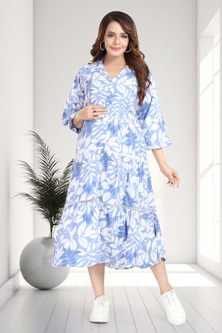 Deep Sky Blue Printed Maternity Dress