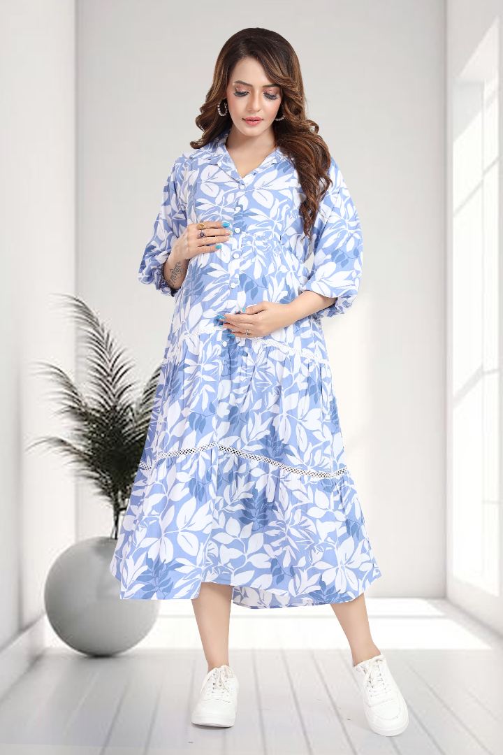 Deep Sky Blue Printed Maternity Dress
