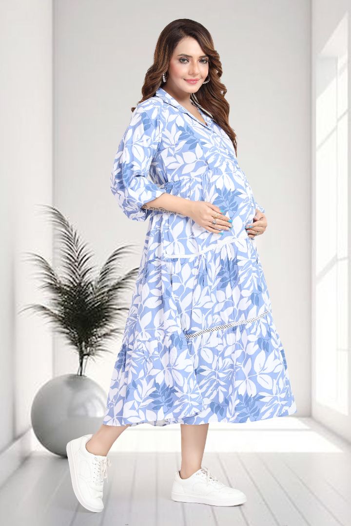 Deep Sky Blue Printed Maternity Dress