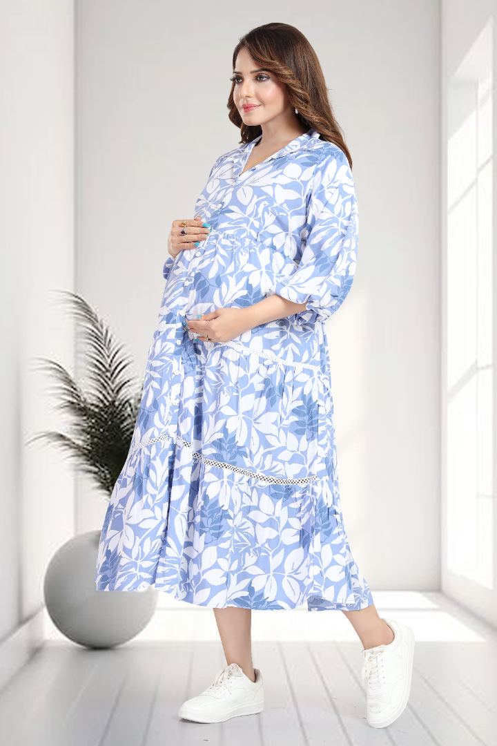 Deep Sky Blue Printed Maternity Dress