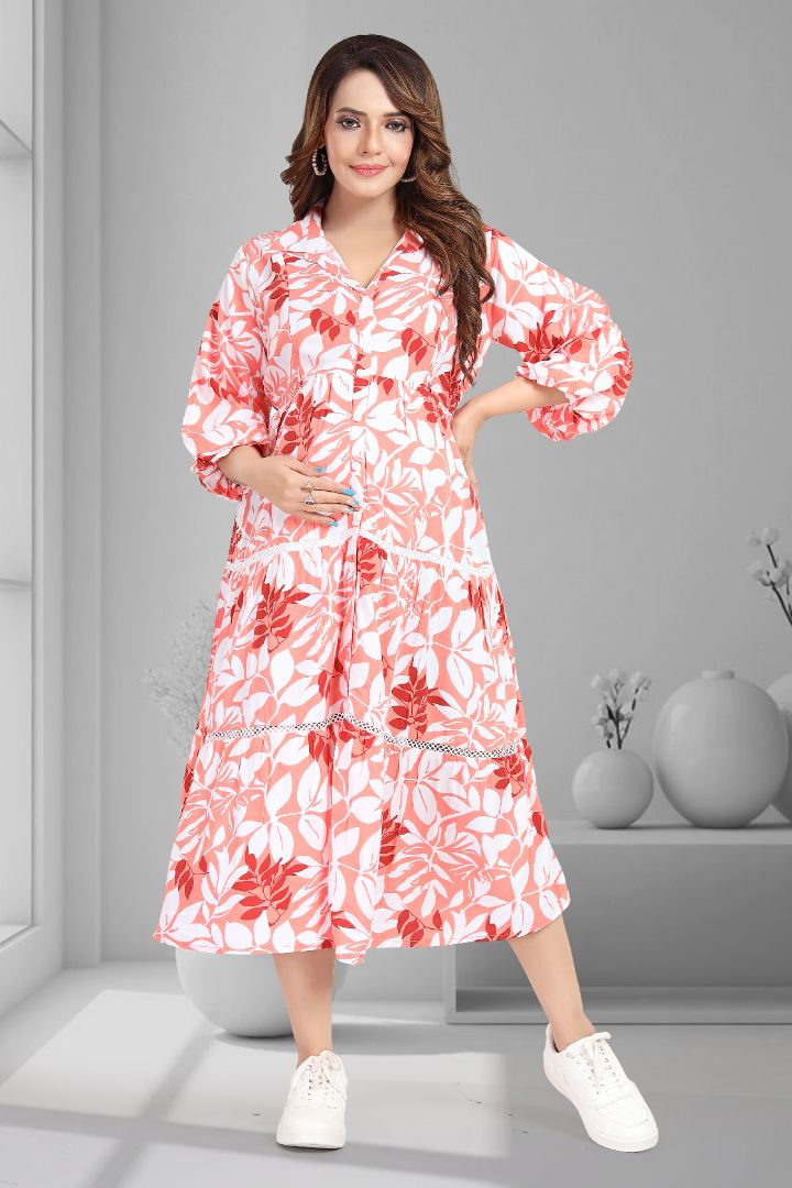 Grapefruit Pink Printed Maternity Dress