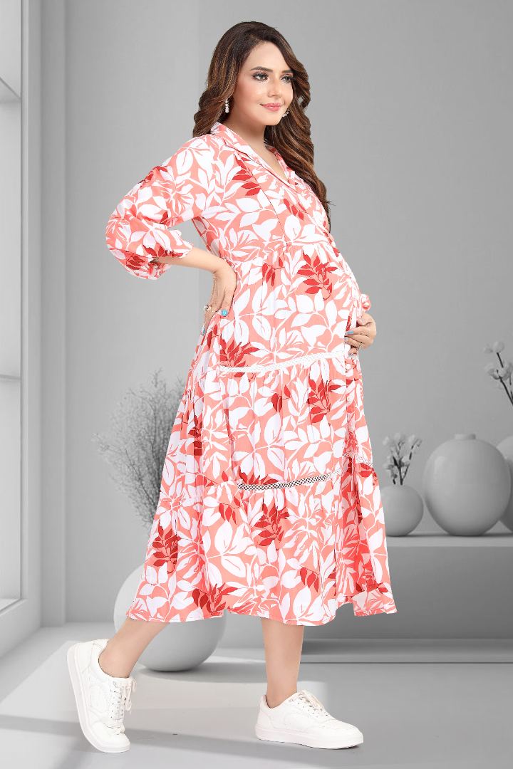 Grapefruit Pink Printed Maternity Dress