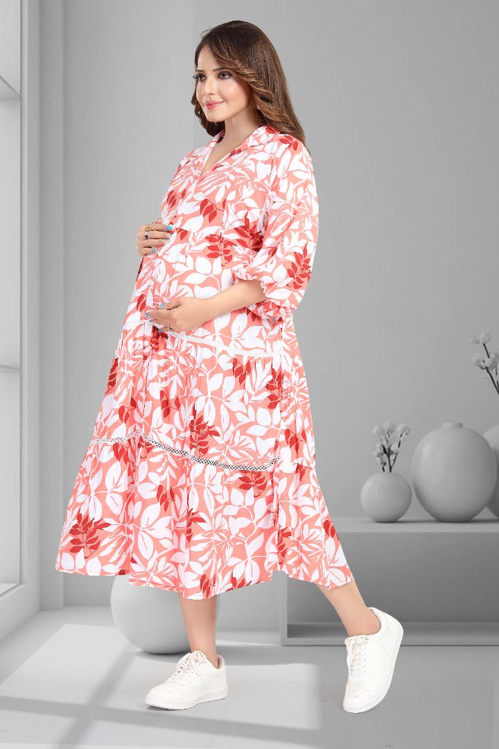 Grapefruit Pink Printed Maternity Dress